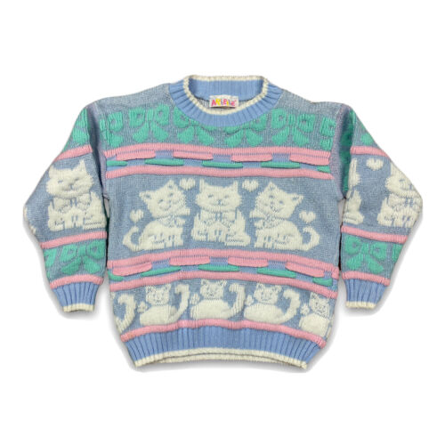Vintage 80s Arielle Cat Sweater Pastel FAIRY KEI Kawaii Sparkle Kitten Heart