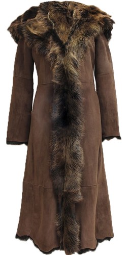 Ladies Brown Full Length Sheepskin Coat Hooded Toscana Shearling Merino Leather