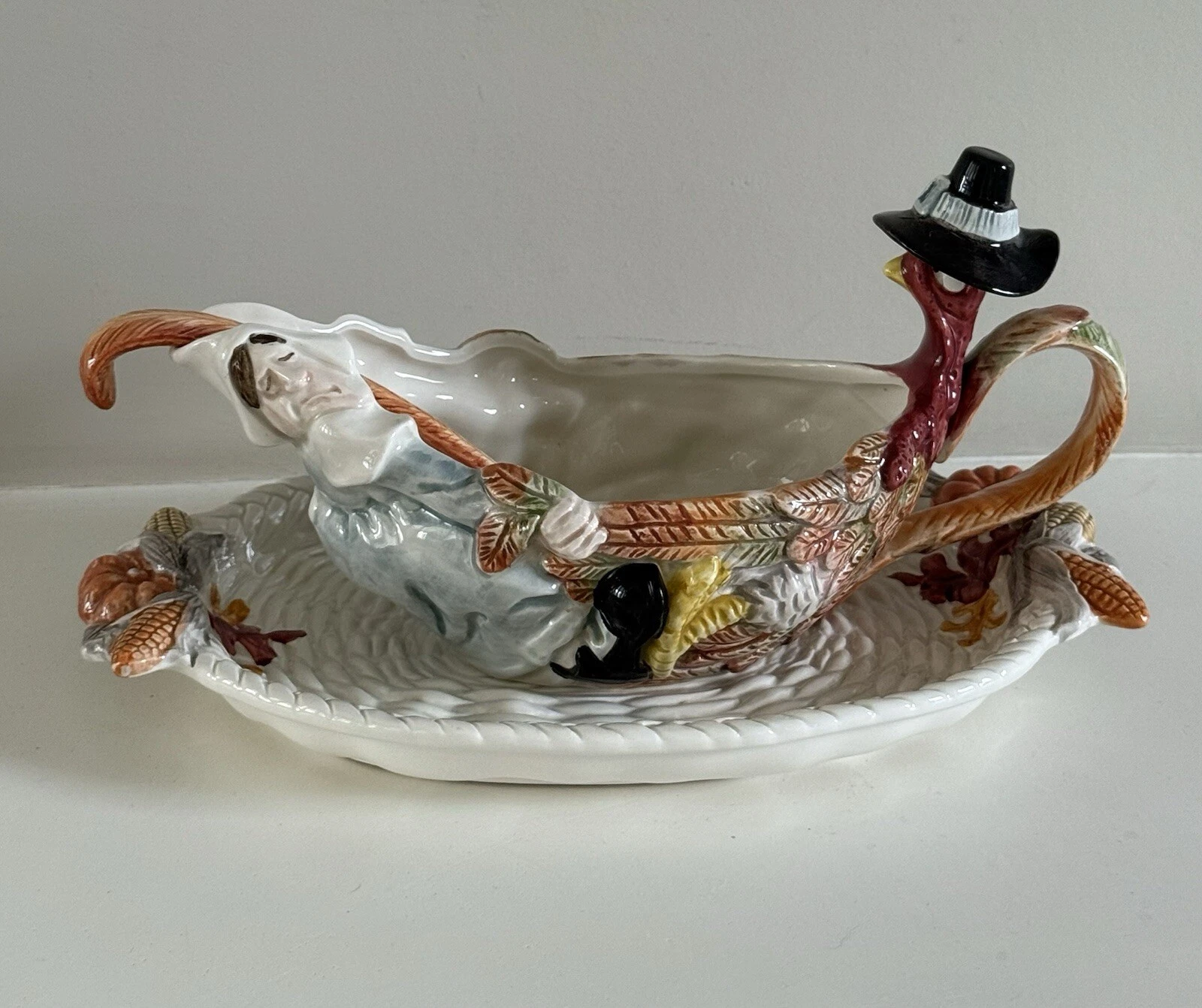 Fitz and Floyd 1990 "Pilgrims Progress" Sauce Boat w/ Stand and Ladle