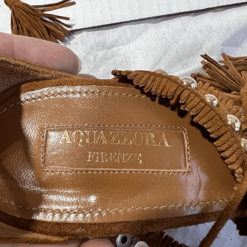 Aquazzura Firenze Tan Suede Lace-Up Sandals With Tassels & Studs 3.7" Block Heel - Picture 5 of 7