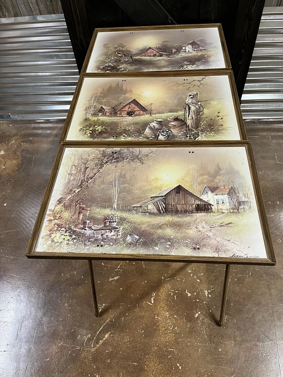 3 Vintage MCM TV Trays w Legs Mid Century Farm Scene Andres Orpinas Cottage Lot
