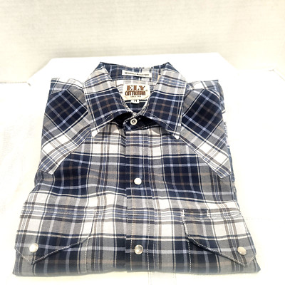Ely Cattleman Men's M Blue Plaid Western Shirt Pearl Snap Short Sleeve