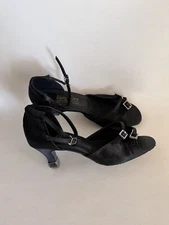 Very Fine Dance Shoes Ankle Strap Open Toe Black Sateen Sz 7.5
