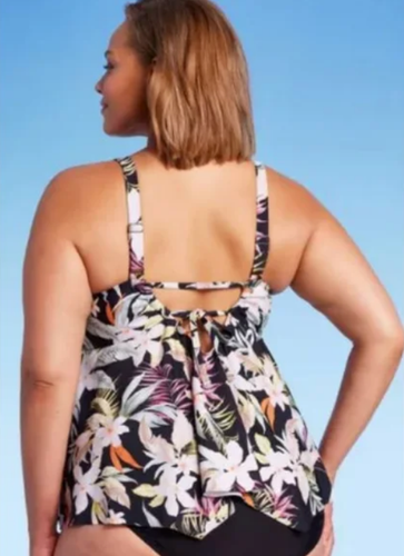 Kona Sol Tankini Swim Women Sz 3XL 24-26 Black Floral Adjustable V Neck - Picture 3 of 17