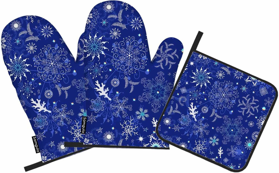 Blue Snowflake Oven Mitts and Pot Holders Set 3Pcs for Cooking and