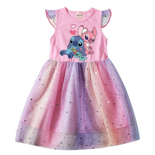 Kids Girls Cartoon characters Rainbow Mesh Dress Princess T-Shirt Tutu Dress UK - Picture 15 of 38