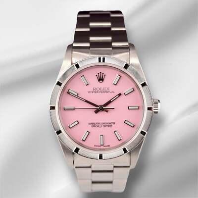 Rolex 34mm Oyster Perpetual Rosa Zifferblatt Motor Drehte Stahl Armbanduhr 14010