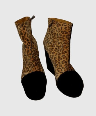 Minimarket Platform Wedge Booties Dark Ember Leopard Print Suede Size 39 (EUC)