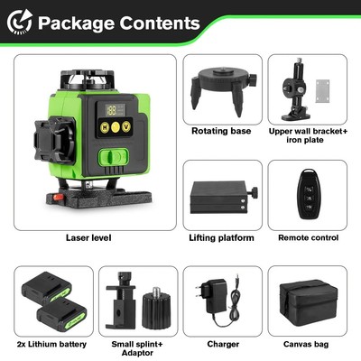 Strumenti Misurazione Professionale Geevorks Livello Laser Verde 4D 16 Linee - Autolivellante 3°, Batteria Ricaricabile, Telecomando E App Laser Per - 8
