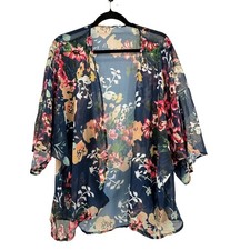 Floral Kimono Cardigan Sheer Womens M Navy Blue Boho Festival Layering Flowy