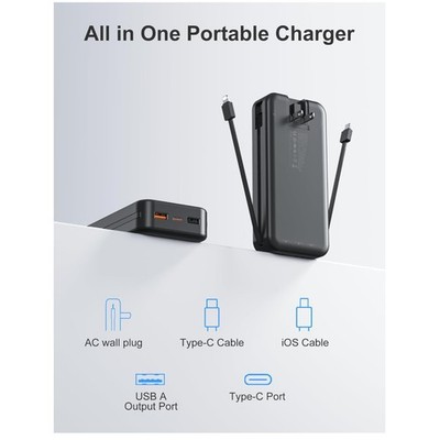 Portable Charger with Built-In Cables & AC Wall Plug