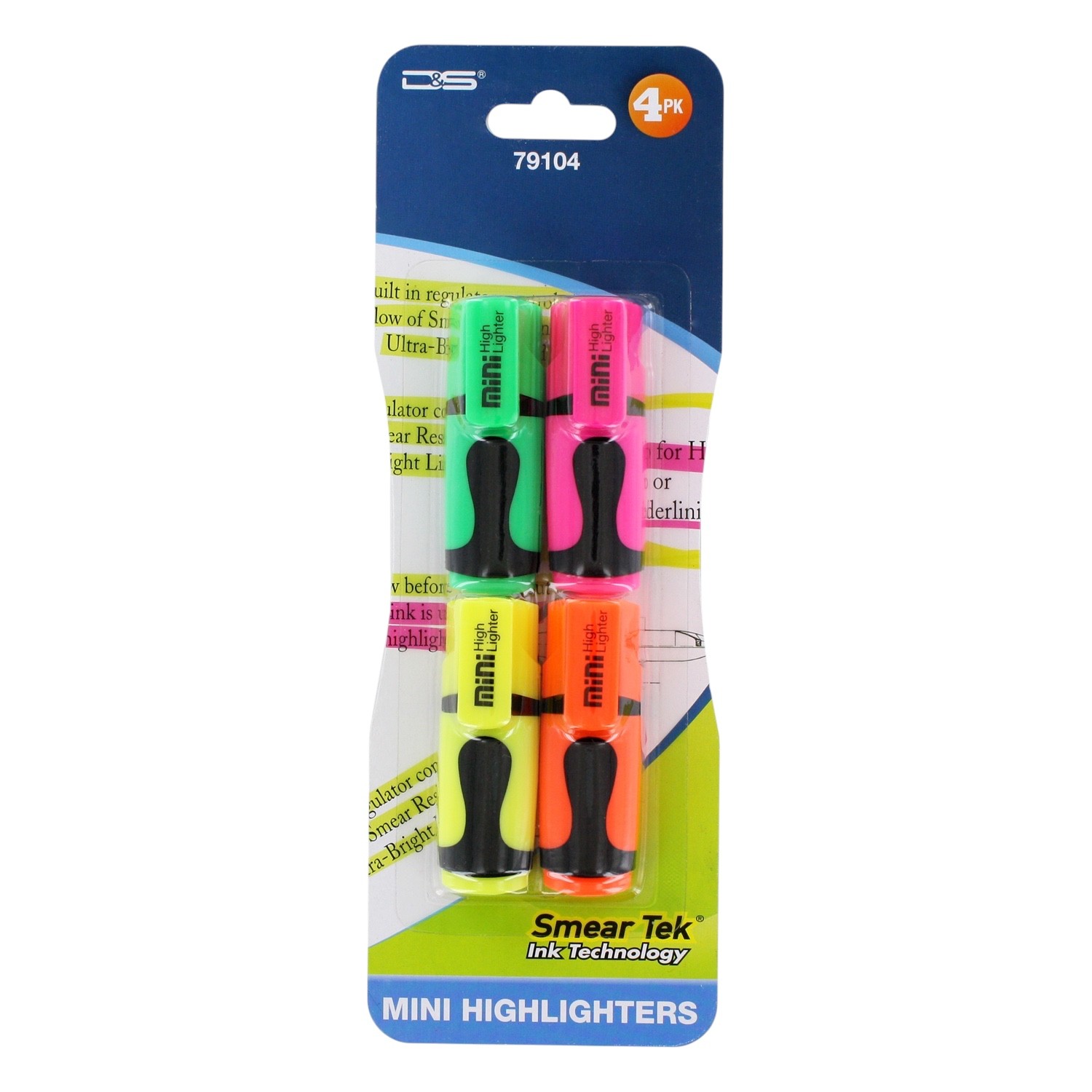 D&amp;S Stationery Mini Highlighters, Assorted Colors, 4-Count