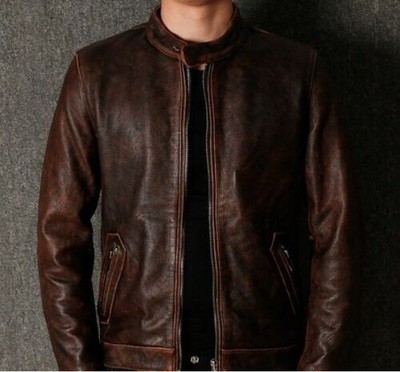 Men's Café Racer Vintage Distressed Brown Real Leather Biker Classic Jacket