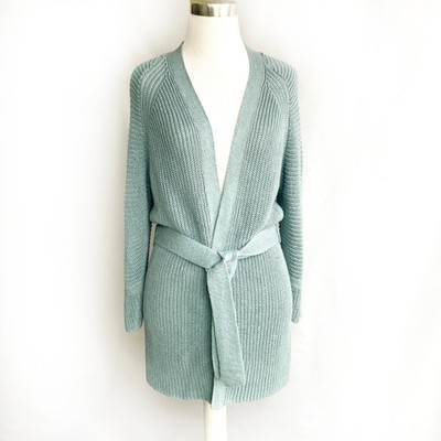 Hemisphere Cardigan Linen Knit sz S Dusky Green Blue Belted Raglan Ribbed
