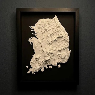 3D South Korea Map Wall Art: Topography in Black Wood Frame