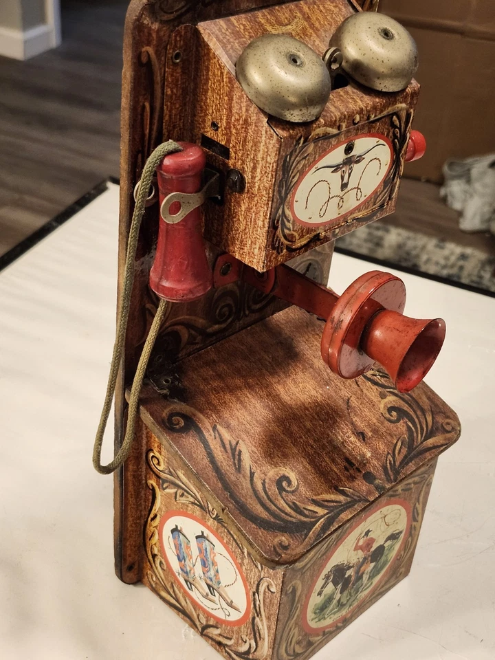 De Colección Gong Campana Juguetes Western Lata Litografía Juguete Teléfono Vaquero Años 50 Niños MCM Decoración Difícil de Encontrar Foto 4 de 4