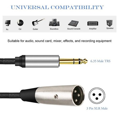 Hochreines OFC Audiokabel XLR Stecker auf 6,35 mm TRS 24K vergoldet 1 m 2 m