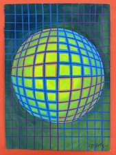 Victor Vasarely Disegno su carta (fatto a mano) firmato e timbrato