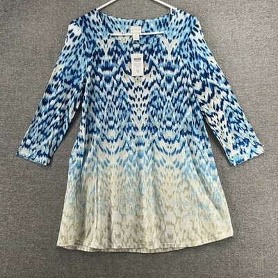 Chicos Tunic Top Women Size 0 Blue Tan 3/4 Sleeve Casual NEW