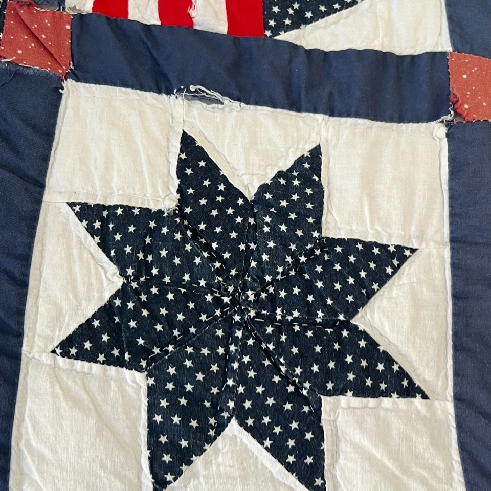 Edredón Vintage Americana Hecho a Mano 95 x 98 en Patriotic Cabin Star Patchwork Foto 4 de 4