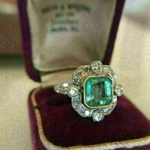 Art Deco 3.80 Ct Asscher Cut Natural Emerald Vintage Ring 14K White Gold Finish