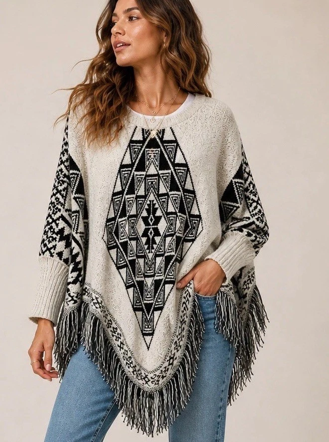 Olivia Sky Poncho Sweater Fringe Aztec Black White Boho S/M