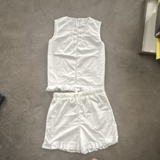 White Sleeveless Ruffle Top  Shorts Set Elastic Waist Women's Summer Outfit