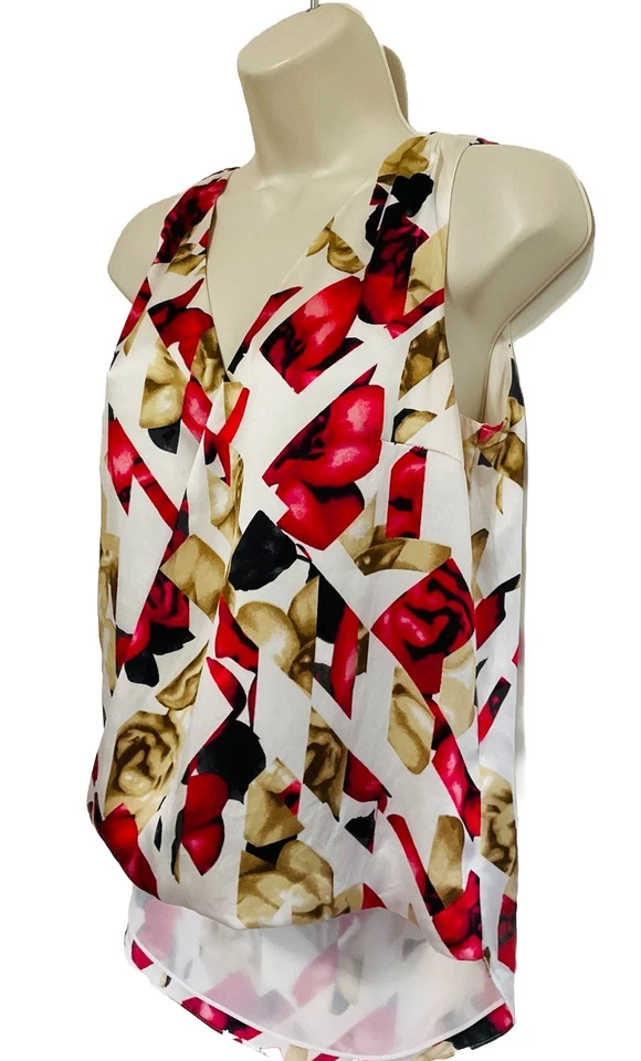 whbm Top XS Seda Elástico Frontal Cruz Top Sin Mangas Multicolor Geométrico Cuello en V Foto 3 de 4