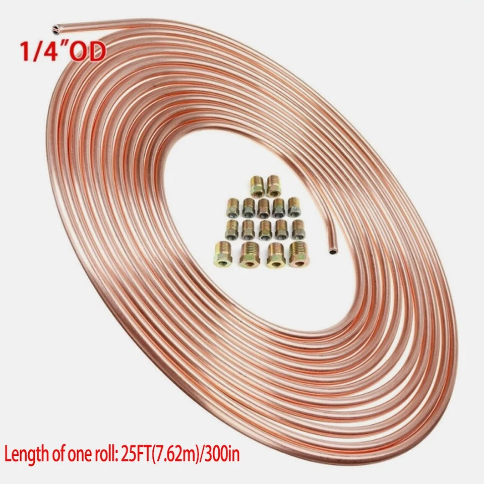 Kit de tubería de línea de freno chapada en cobre de 2 piezas rollo de bobina de 25 pies 1/4 OD con 32 accesorios Foto 3 de 4
