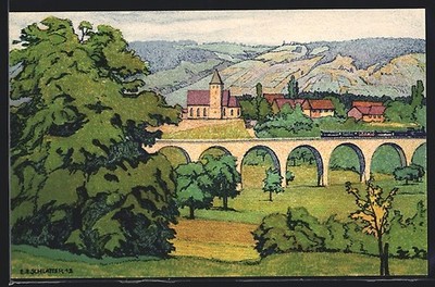Artist postcard Ernst E. Schlatter: Bussnang, viaduct 