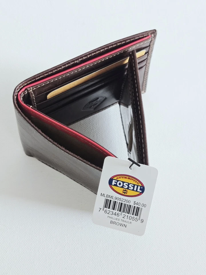 Cartera deportiva de béisbol marrón plegable de cuero FOSSIL PHILLIES MLB para hombre nueva con etiquetas Foto 4 de 4