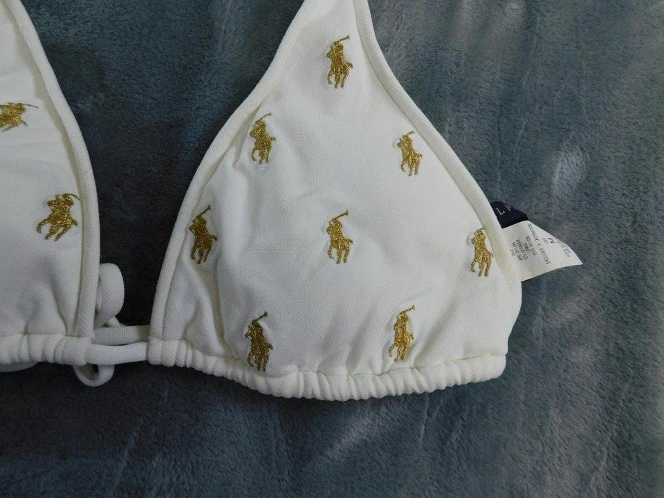 Top de bikini Ralph Lauren para mujer mediano dorado con pony bordado corbata halter de natación Foto 2 de 4