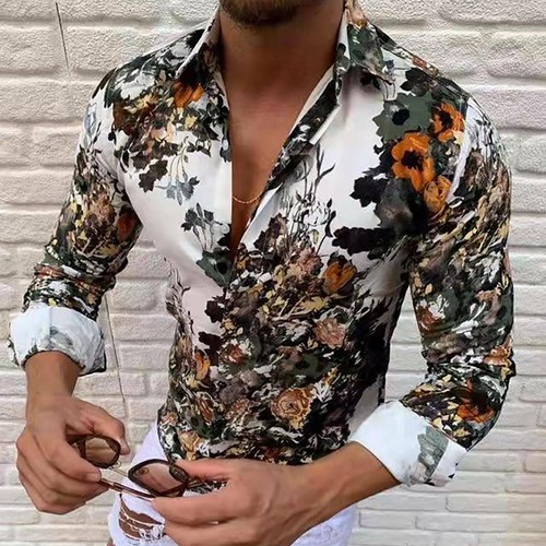 Mens Floral Shirts Tight Fit Casual 