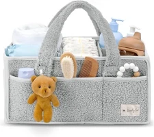 Baby Diaper Caddy Organizer Bag, Portable Soft Sherpa Nursery Basket, Grey