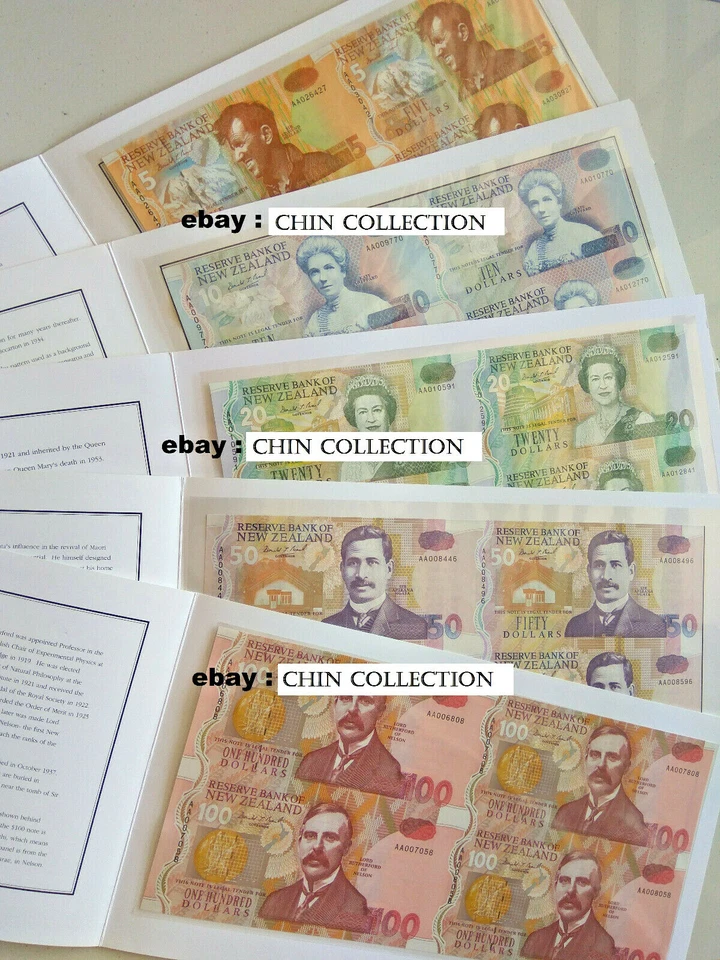 1992 NEW ZEALAND $5 $10 $20 $50 $100 FULL SET UNCUT SHEET OF 4 UNC IN FOLDER - Image 2 of 2