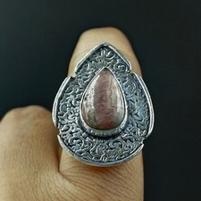 Natural Rhodochrosite Pear Gemstone 925 Sterling Silver Proposal Women's Ring