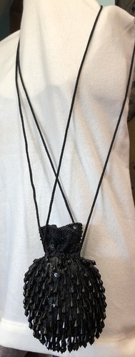 Vtg Designer Purse Evening Black Drop Bead Drawstring Pouch Crossbody Clutch - Picture 2 of 9