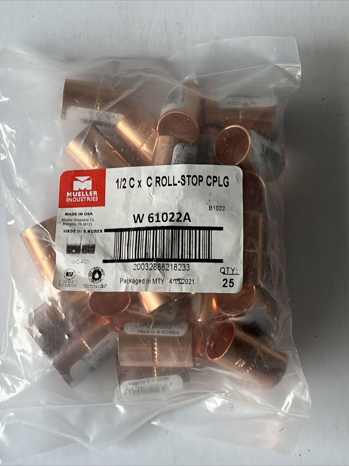 Mueller Streamline W 61022A Copper Coupling 1/2x1/2 Sweat Dia. in. (Pack of 25)