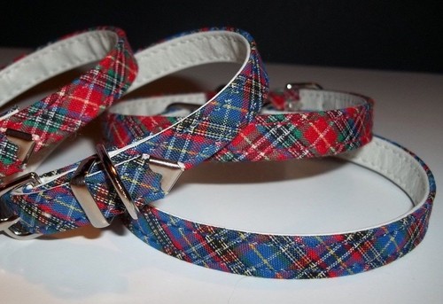 Collares de tela de diseño para perro a cuadros estampados tartán de 3/8" de ancho pequeños rojos o azules lindos - Imagen 8 de 16
