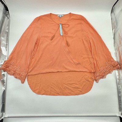 She + Sky Woman's Size Large Orange Faux Wrap Lace Sleeve High-Low Blouse NWT