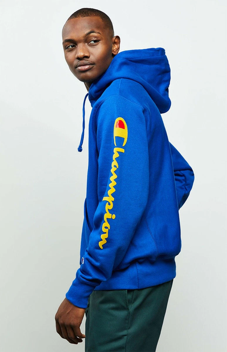 CHAMPION BLUE REVERSE WEAVE FLOCK ARM SCRIPT HOODIE SWEATSHIRT SZ M MEDIUM