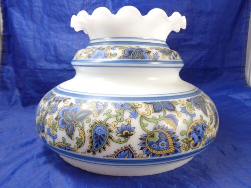 Hurricane Lamp Shade 7" Filter Blue Paisley Floral Milk Glass Vintage - Picture 1 of 10