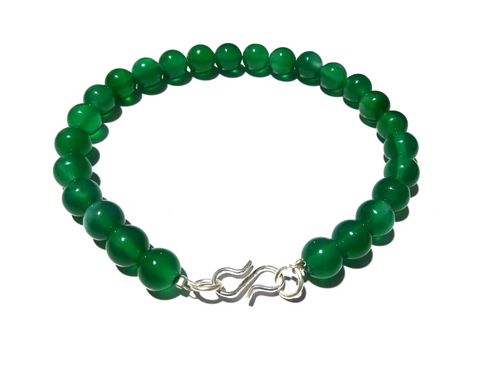 Pulsera de piedras preciosas de moda lisa lisa de 8 mm bola redonda de ónix verde de 7 pulgadas Foto 3 de 4