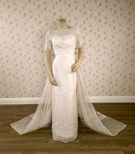 Vintage 1960s Art Deco Alfred Angelo Column Gown, Silk/Lace Wedding Dress sz 2/4