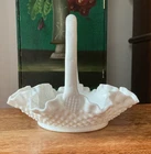 Vintage Fenton Milk Glass Hobnail Handled Ruffled Edge Basket