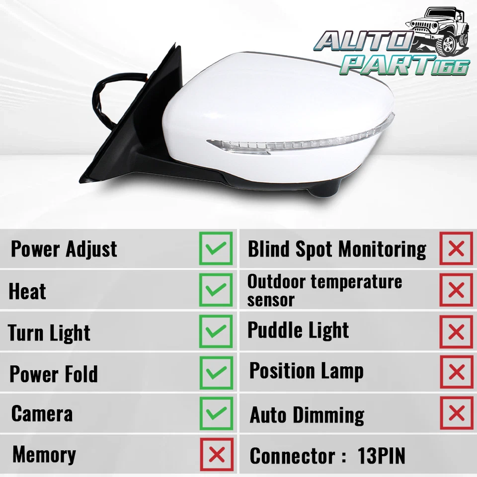 Espejo retrovisor lateral izquierdo 13 pines blanco con cámara para Nissan X-Trail T32/Rogue 2014-2019 Foto 3 de 4