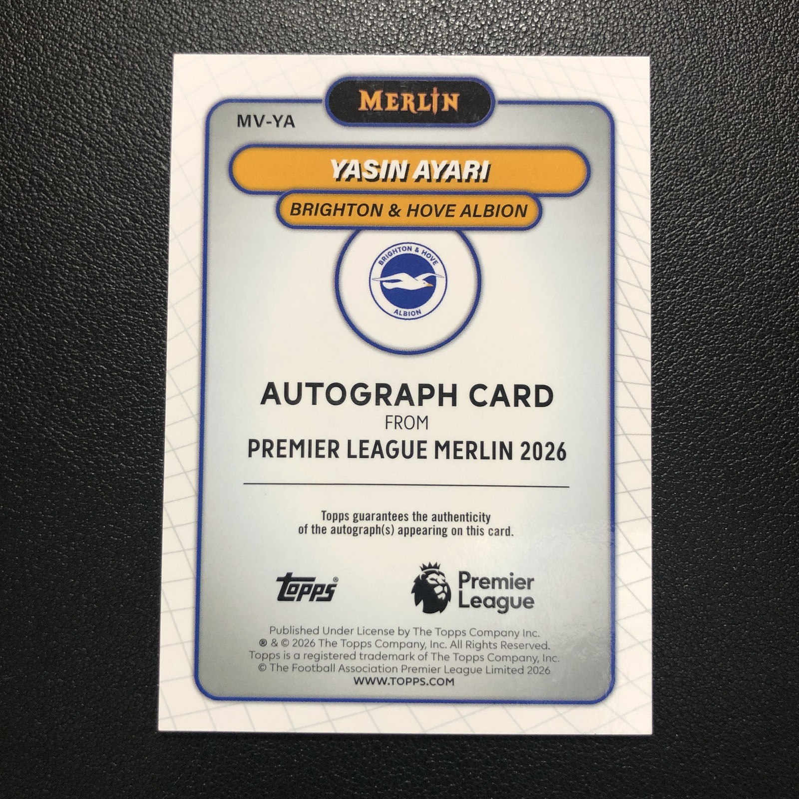 2026 Topps Merlin Premier League Auto Yasin Ayari RC Gold Refractor /50 view 2