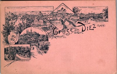 FEDER LITHO GRUSS AUS DIEZ RHEIN LAHN KR. LAHNBRÜCKE + TRINKHALLE 5BILD UM 1900