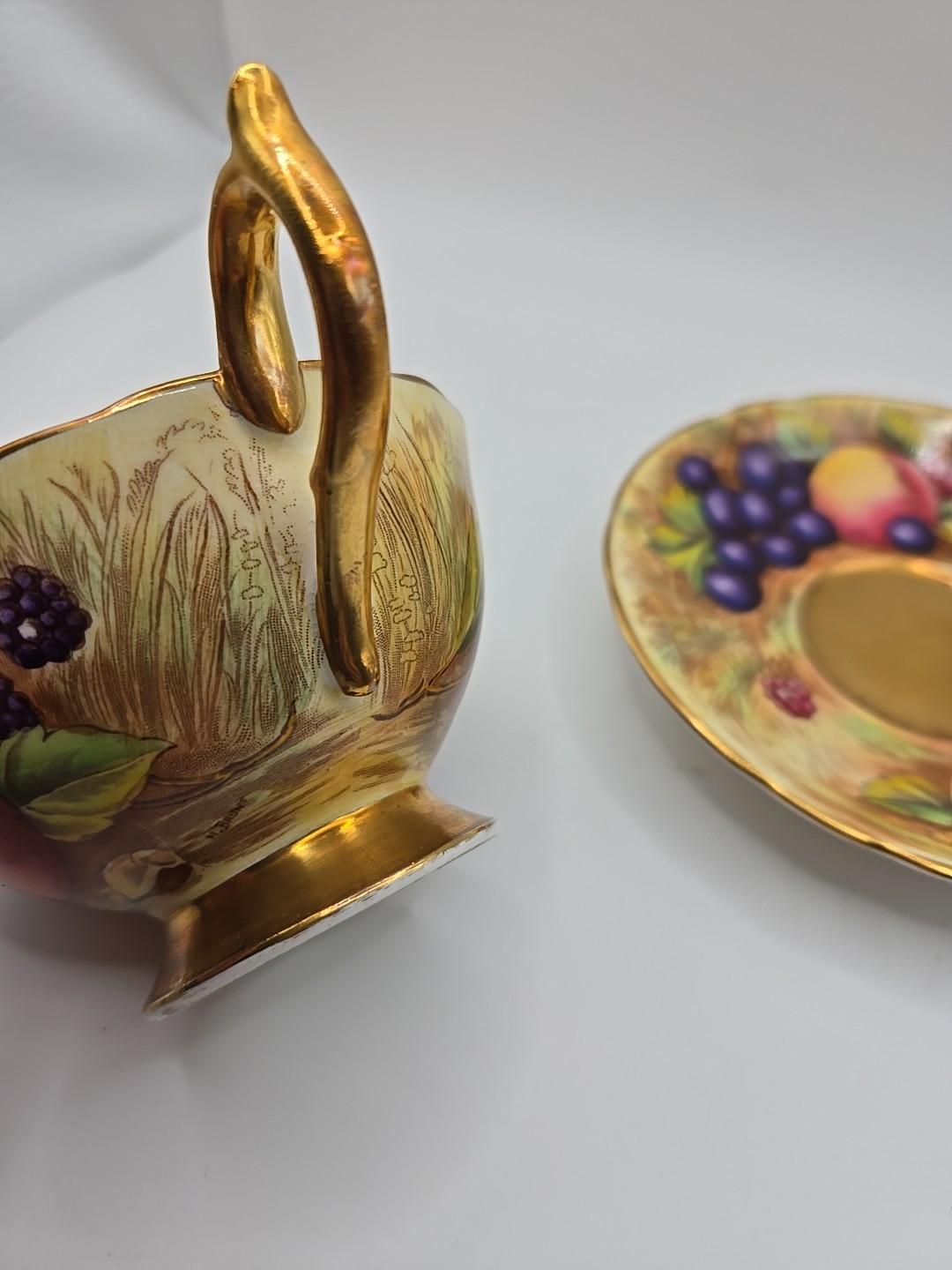 Aynsley Footed Teacup & Saucer Gold ORCHARD FRUIT England Both Signed N. Brunt