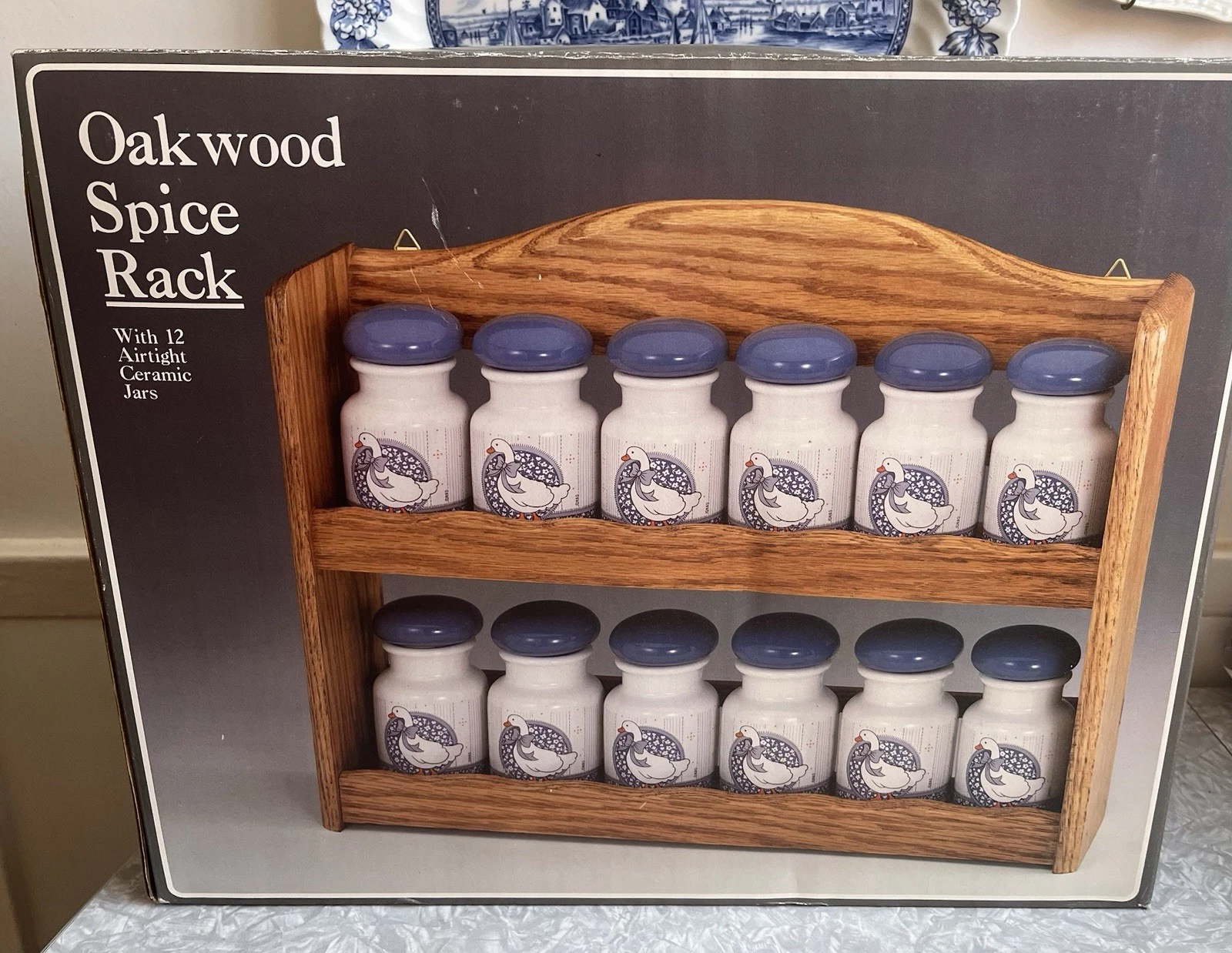 VINTAGE 1980’s GOOSE OAKWOOD SPICE RACK & 12 JARS NEW BAKER, HART & STUART